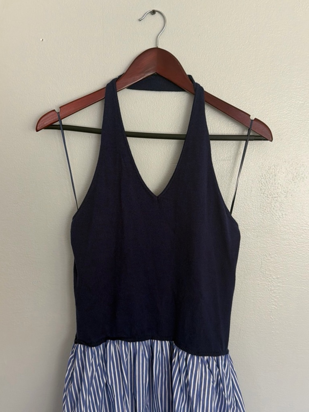 Navy Halter Maxi Dress with Blue-White Striped Skirt